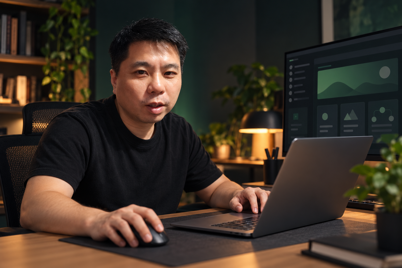 Ken Liang 在書桌前操作電腦,身旁是筆電與網頁設計螢幕。